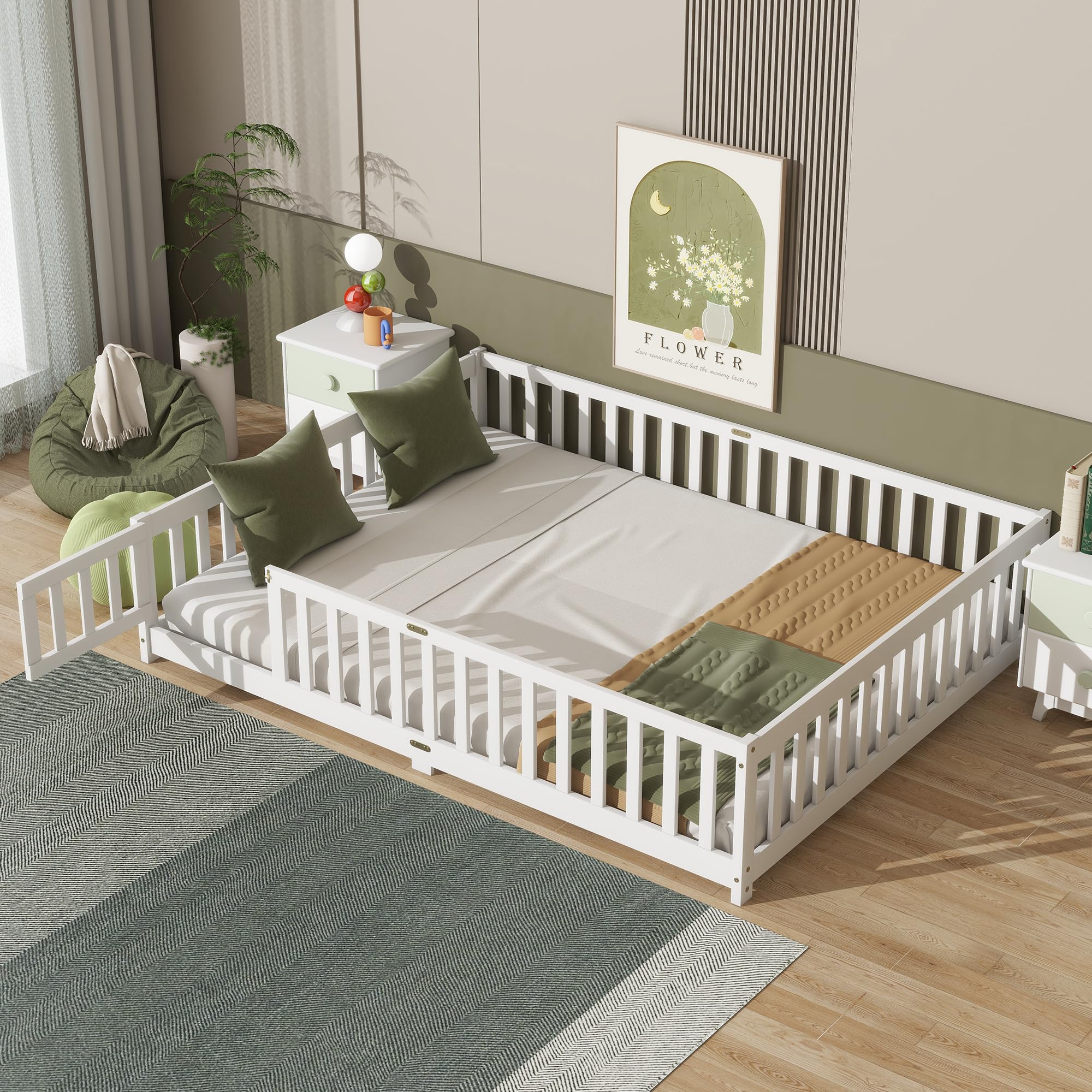 Photo 1 of **COLOR IS NATURAL**PVWIIK Queen Size Floor Bed with Door & Fence for Kids Boys Girls,Montessori Floor Bed with Roof & Full-Length Guardrails,Easy Assembly & No Box Spring Needed, White