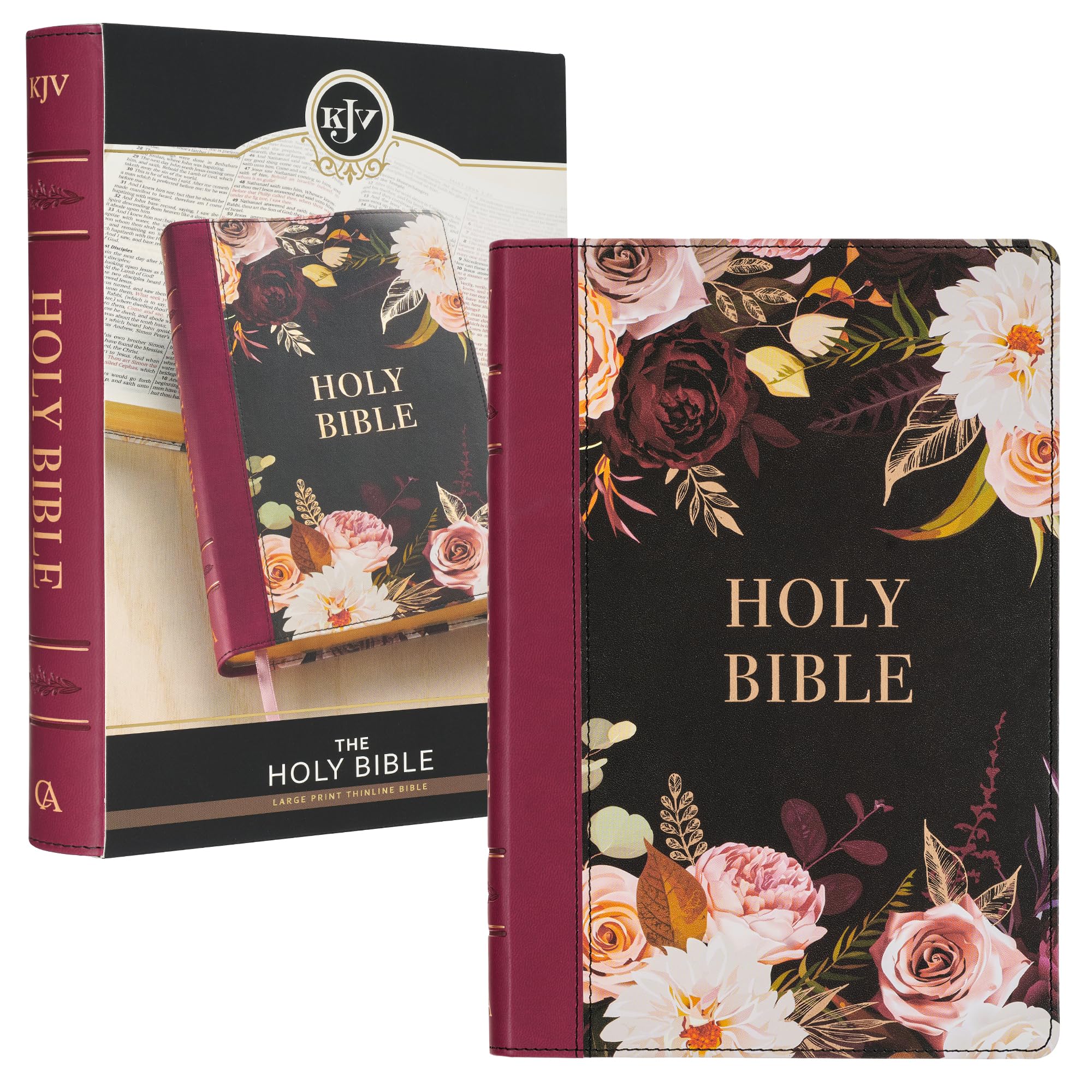 KJV Holy Bible, Thinline Large Print Faux Leather Red Letter Edition Thumb Index, Ribbon Marker, King James Version, Black/Burgundy Printed Floral (KJV Thinline LP Editions)