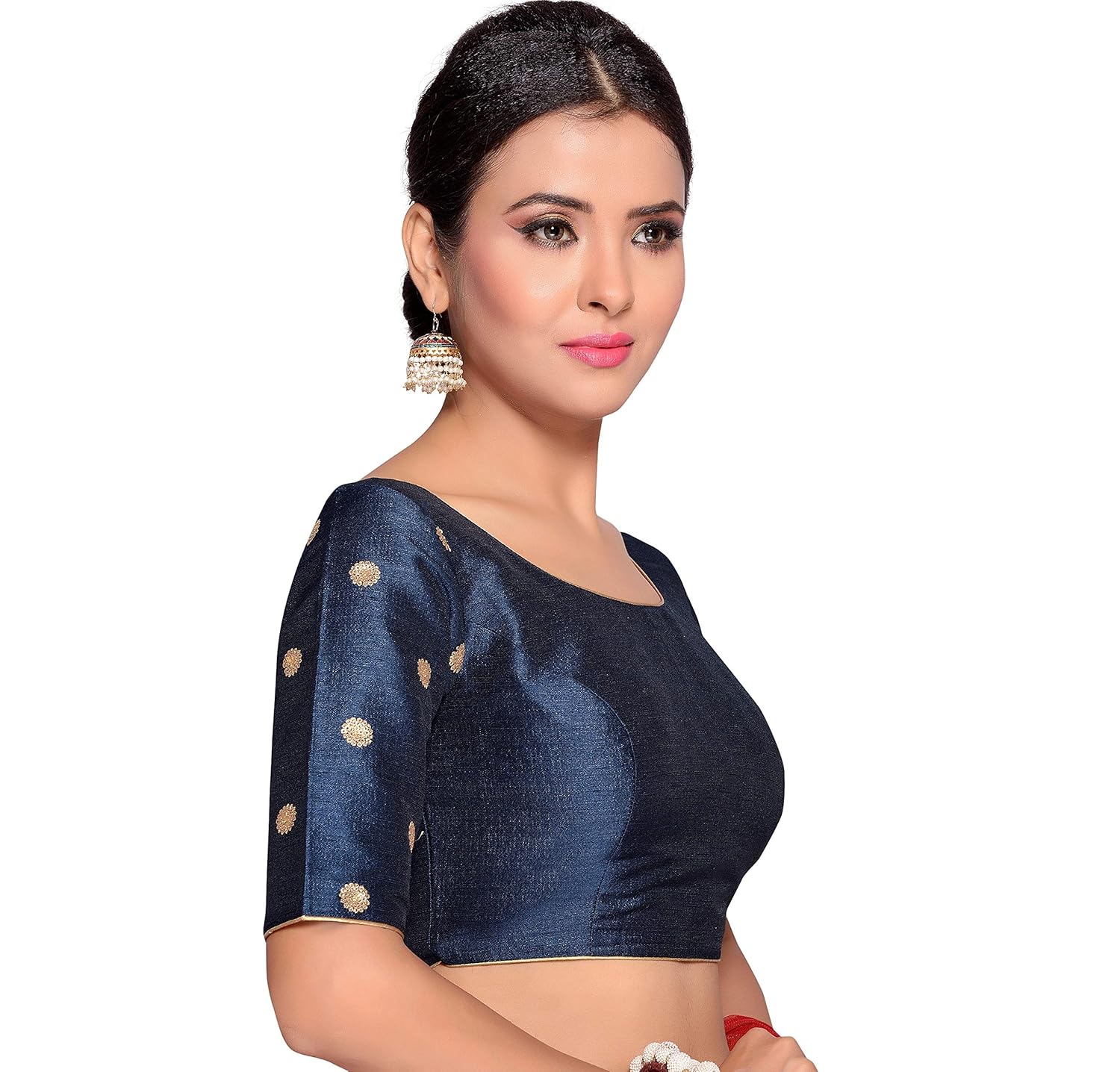 studio shringaar women's navy blue poly raw silk saree blouse woth embroidered sleeves