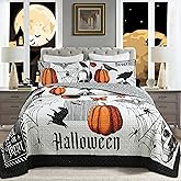 MarCielo 3 Pcs Halloween Themed Quilt Bedspread Set - Cozy and Spooky Pumpkin and Ghost Pattern (Halloween, King)