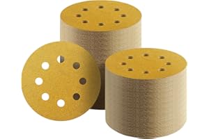 Keeimp 100 Pcs 5-Inch 8-Hole Hook and Loop Sanding Discs, 60/80/120/220/320 Assorted Grits Gold Sandpaper for Woodworking or 