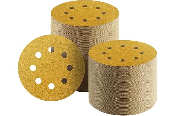 Keeimp 100 Pcs 5-Inch 8-Hole Hook and Loop Sanding Discs, 60/80/120/220/320 Assorted Grits Gold Sandpaper for Woodworking or