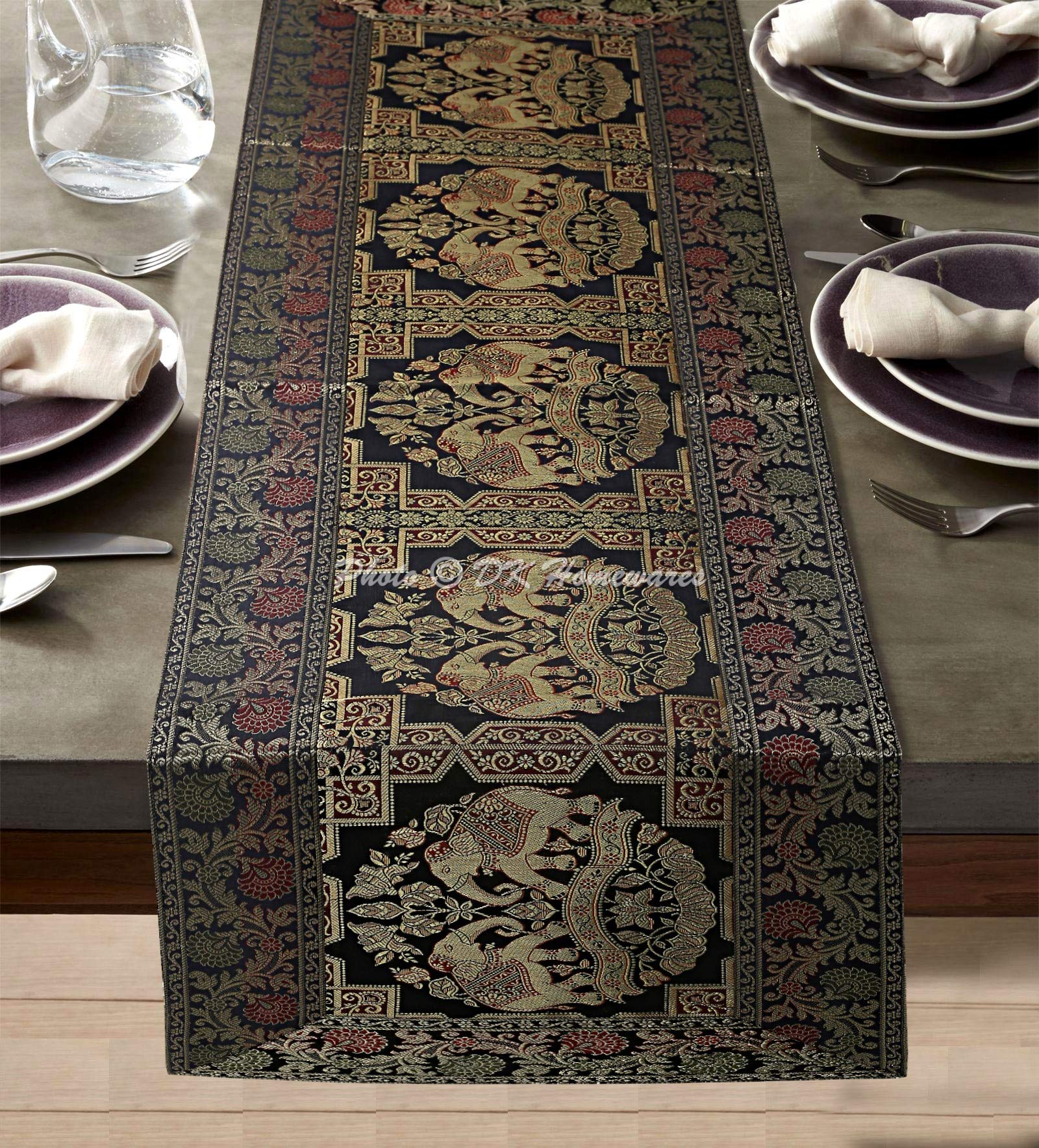 DK Homewares Traditional Decorative Brocade Table Runner 150 cm Long Bohemian For Wedding Decor Black And Gold Jacquard Elephant Floral Rectangle 5 Ft Home Decoration Table Cloth (40x150 cm)