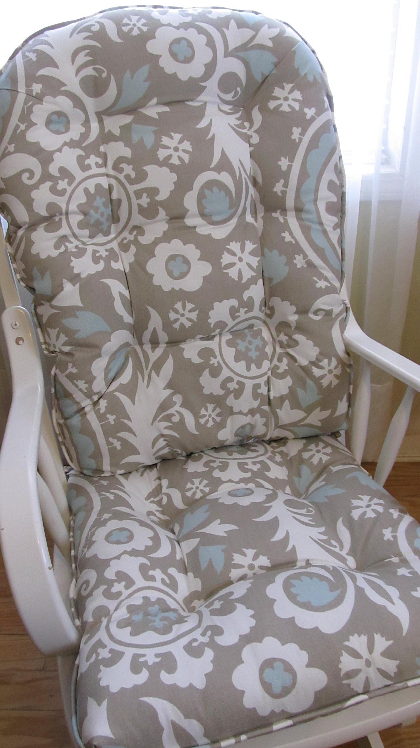 Cushion Set for Nursery Glider or Rocking Chair in Suzani Taupe Beige with Blue on White Background