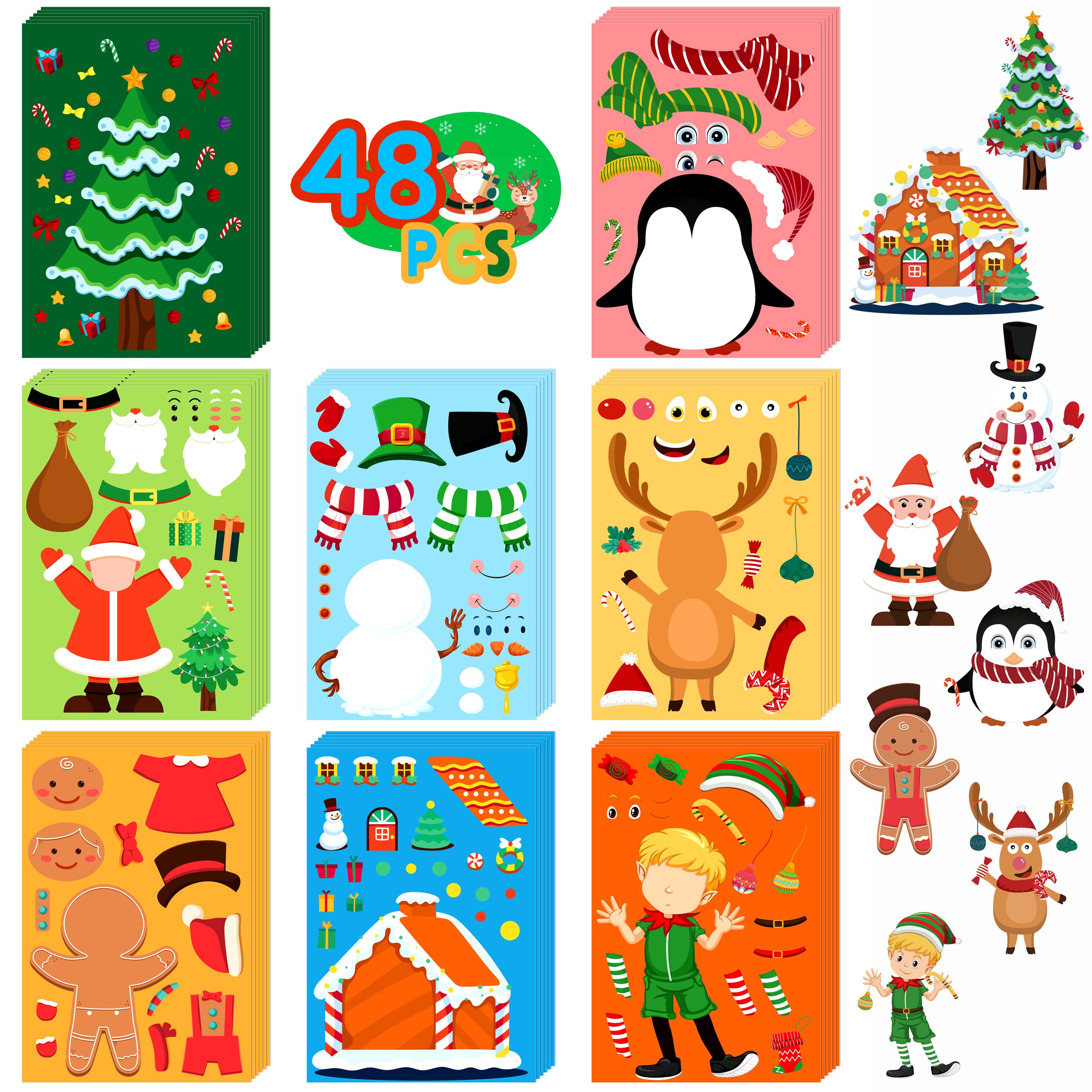 48 Sheets Christmas Stickers Crafts for Kids Toddlers, Make Your Own Stickers, Goodie Treat Bag Stocking Stuffers, Game Activities, Party Favors
