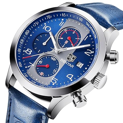Tamlee Fashion Mens Watches Chronograph Analog Quartz Date Waterproof Blue Leather Sport Wrist Watch With