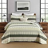 Homzard Queen Quilt - Cotton Comforter Set Queen Size, Green Yellow Striped Quilt Set,Olive Green Plaid Quilted Bedspread, Lightweight Bedding Comforter 3 Pieces All Season