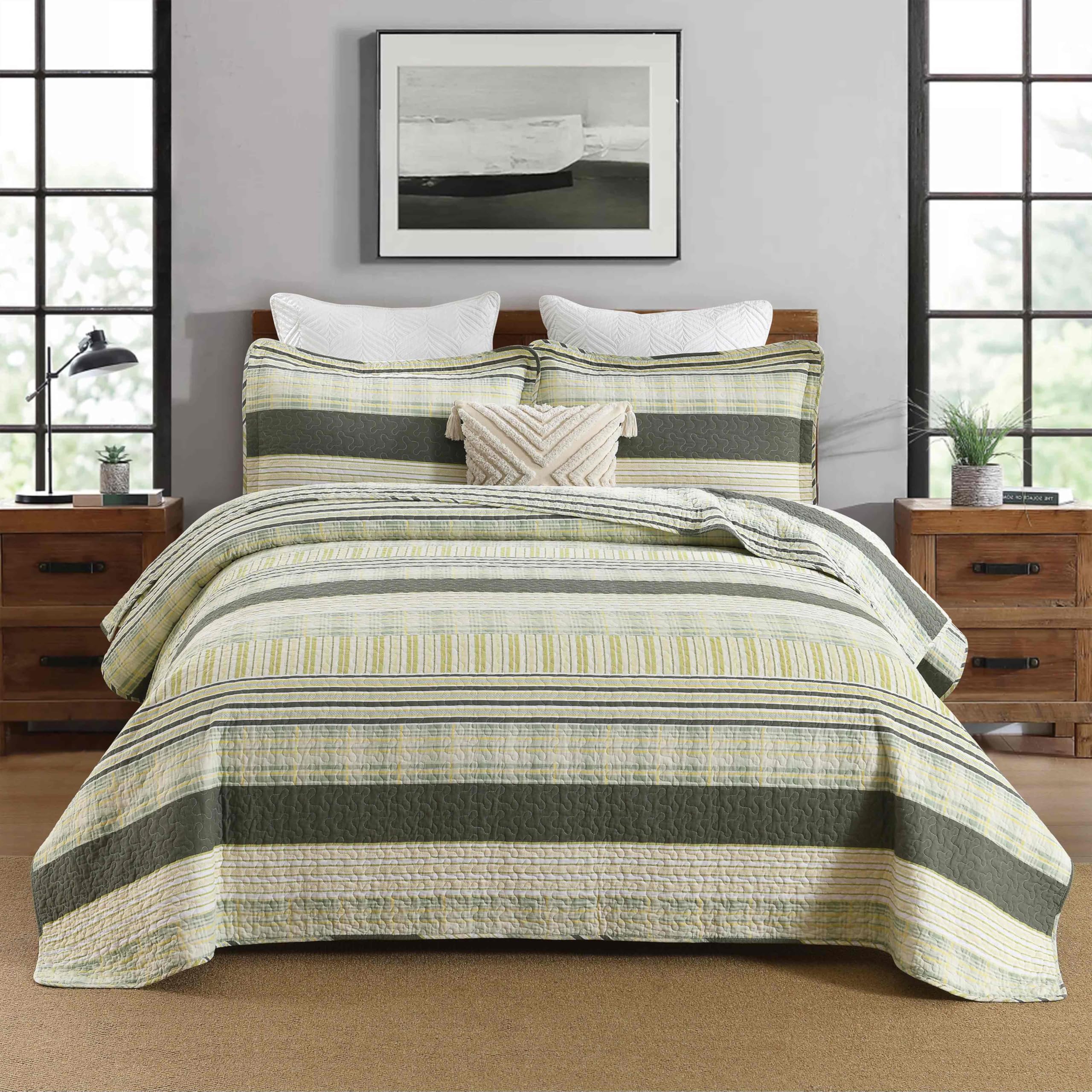 Homzard King Quilt - Cotton Comforter Set King Size, Green Yellow Striped Quilt Set,Olive Green Plaid Bedding Bedspread, Lightweight Farmhouse Comforter 3 Pieces All Season Image