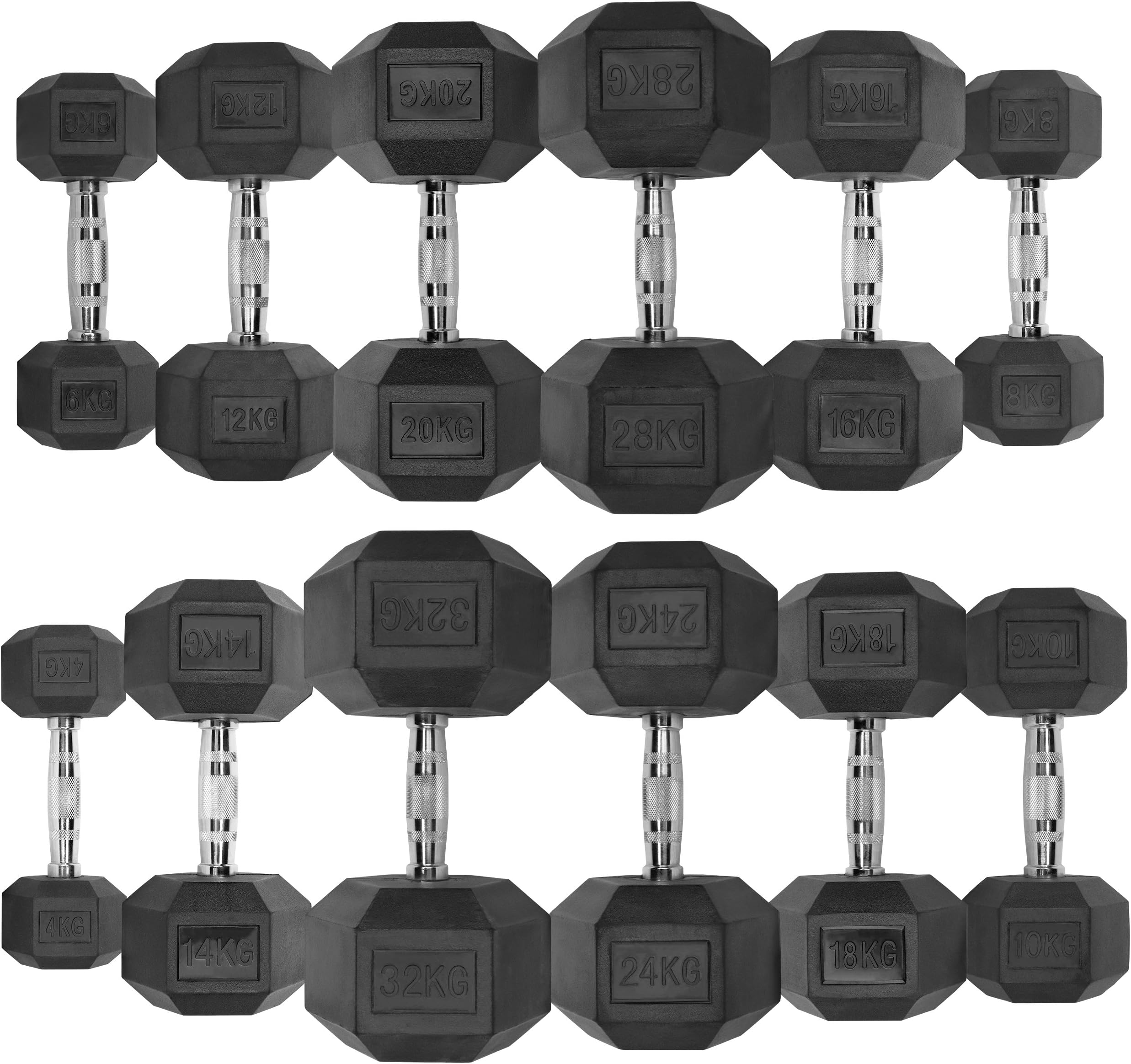 JLL® Hex Dumbbell 4-32 KG Single or Pair, Heavy Duty Rubber Commercial Dumbbell, Weight Sets for Weight Training, Knurled Chrome Handle, Black Colour