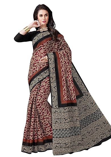 Women's Pure Cotton Printed Saree with Blouse Piece (SKR5804_Maroon-Black)