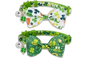 Pohshido 2 Pack St. Patrick's Cat Collar with Bow Tie and Bell, Kitty Kitten Breakaway Lucky Irish Shamrock Collar for Girls and Boys Male Female Cats (Wee Bit Irish)