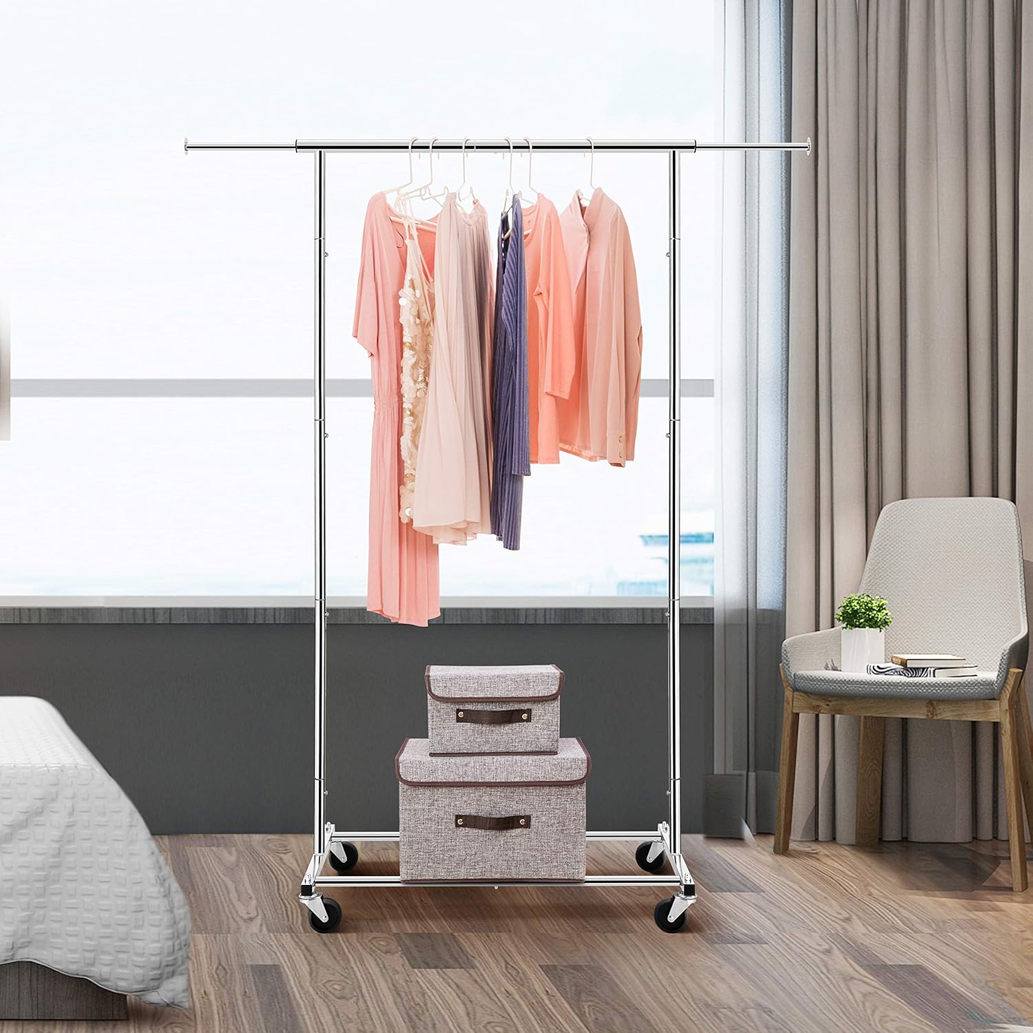 Simple Trending Standard Rod Clothing Garment Rack, Rolling Clothes Organizer on Wheels for Hanging Clothes, Chrome: Home Improvement