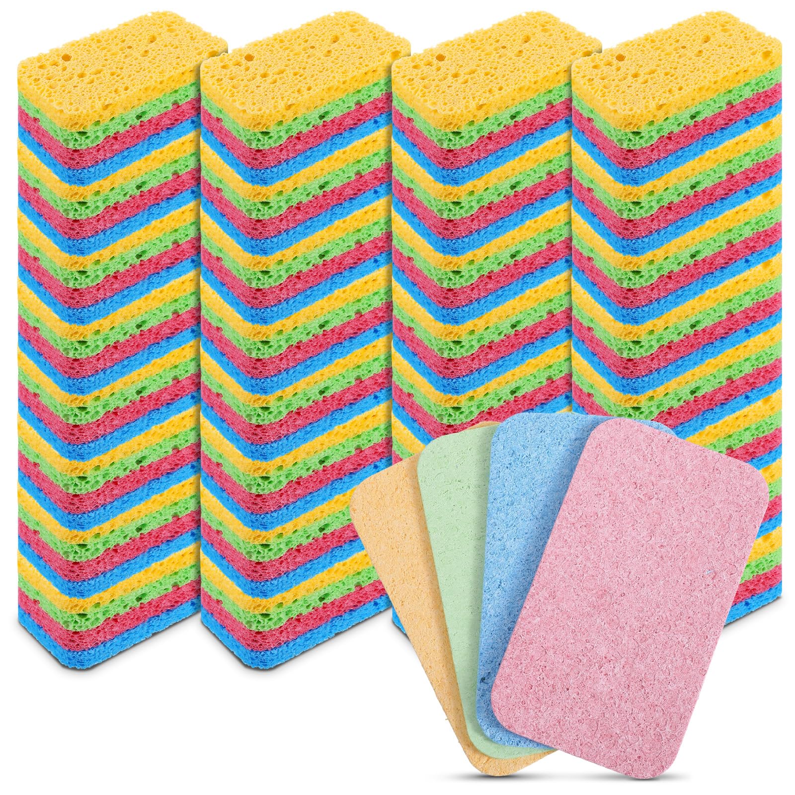 Photo 1 of 100 Pcs Kitchen Sponge Bulk Natural Sponges for Dishes Compressed Sponges Wood Pulp Cleaning Sponge Without Scratching for Kitchen Bathroom, 3.9 x 2.4 x 0.4 Inch (4 Colors)