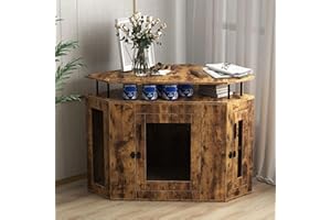 Bonzy Home Furniture Style Corner Dog Crate with Cushion, 43.9" L Wooden Dog Kennel End Table for Small Medium Dogs, Indoor Dog House with Storage Shelf, Side Storage Cabinet, Soft Cushion, Brown