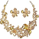 MMonesu Crystal Flower Bib Statement Necklace Set Chunky Diamond Flower Statement Necklace & Earrings Drama Bib Collar Jewelry Set for Women Prom Party Jewelry
