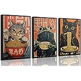 3Pcs Japanese Black Cat Eating Ramen Canvas Wall Art Funny Cats and Frog Painting Picture Wall Decor Vintage Cute Tokyo Kitchen Poster Print Artwork for Living Room Kitchen Dining Room Home Decoration