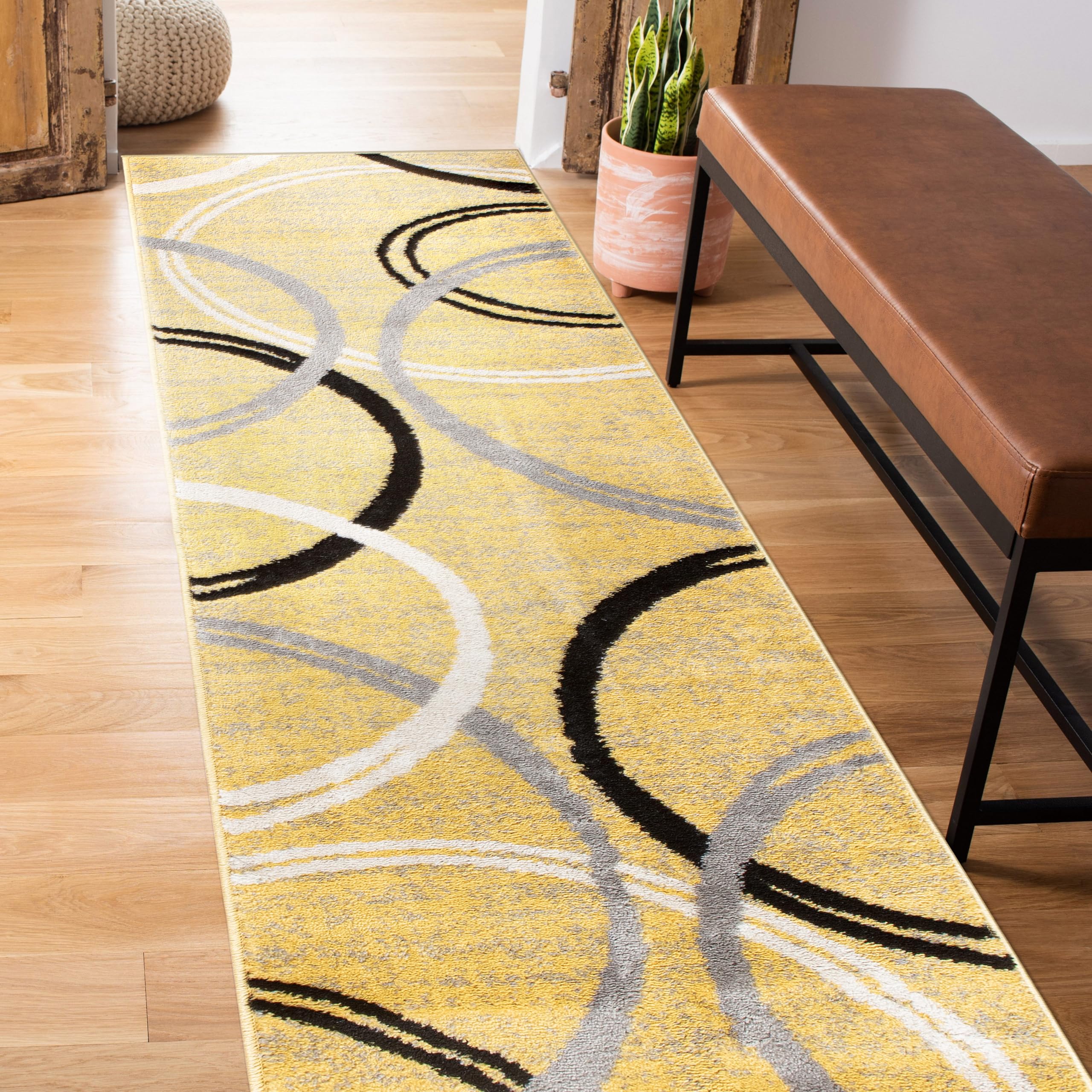 Rugshop Wavy Circles Design Runner Rug, Fade-Resistant Carpet for Hallway, Entryway, or Kitchen, Yellow, 2' x 7'2" Image