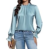 Blooming Jelly Womens Dressy Casual Blouses Pleated Satin Silk Business Tops Mock Neck Long Sleeve Shirts
