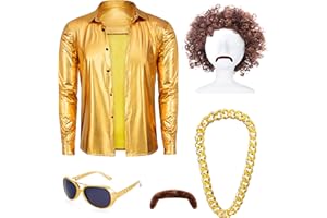 TOGROP Men's 70s Disco Costume Sequins Gold Shirts Set Adult Cosplay for Halloween Party