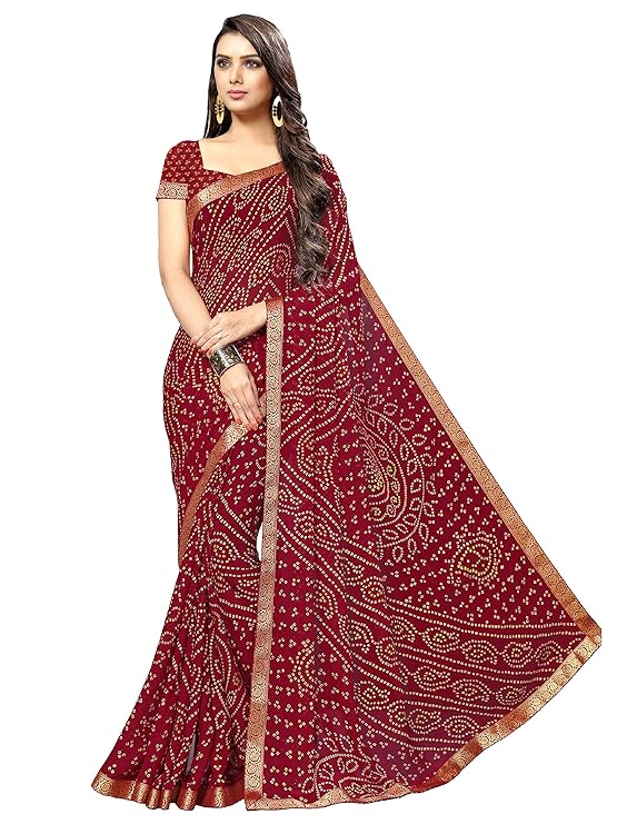 Women's Bandhani Bandhej Chiffon Printed Saree Weaving Border and Blouse Material