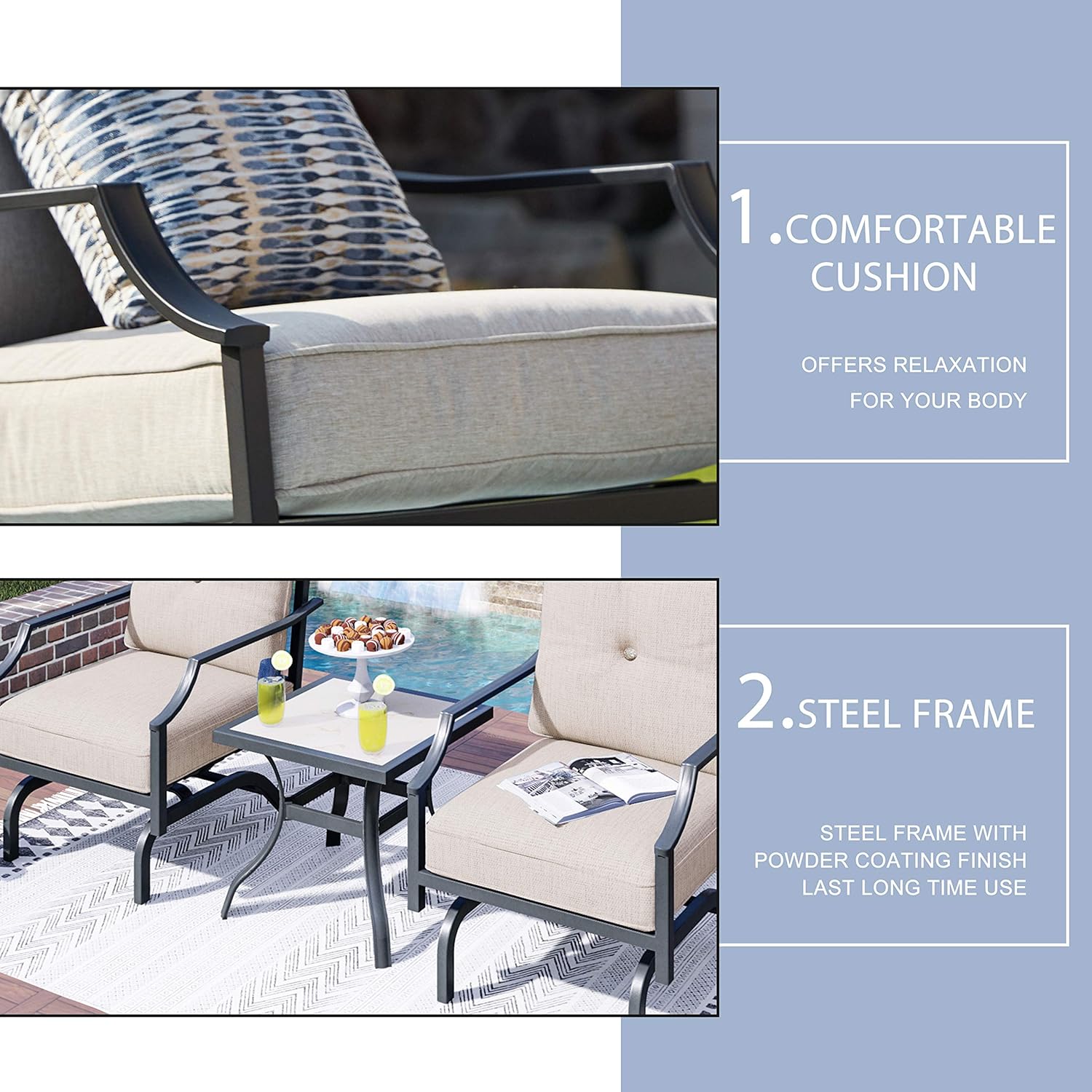 LOKATSE HOME 3 Pcs Patio Bistro Set Outdoor Conversation Furniture Metal Frame Armchair with Cushion & Square Coffee Table, Beige : Garden & Outdoor
