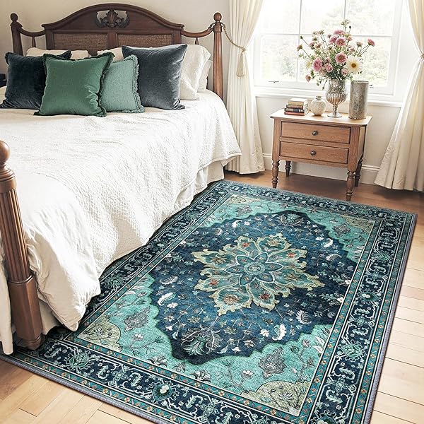 RELEANY AREA RUGS 5’X7′ WASHABLE NON-SLIP, FLORAL VINTAGE DISTRESS PRINT PATTERN MEDALLION CARPET FOR LIVING ROOM BEDROOM DINING ROOM, TEAL GREEN LAKE BLUE TURQUOISE