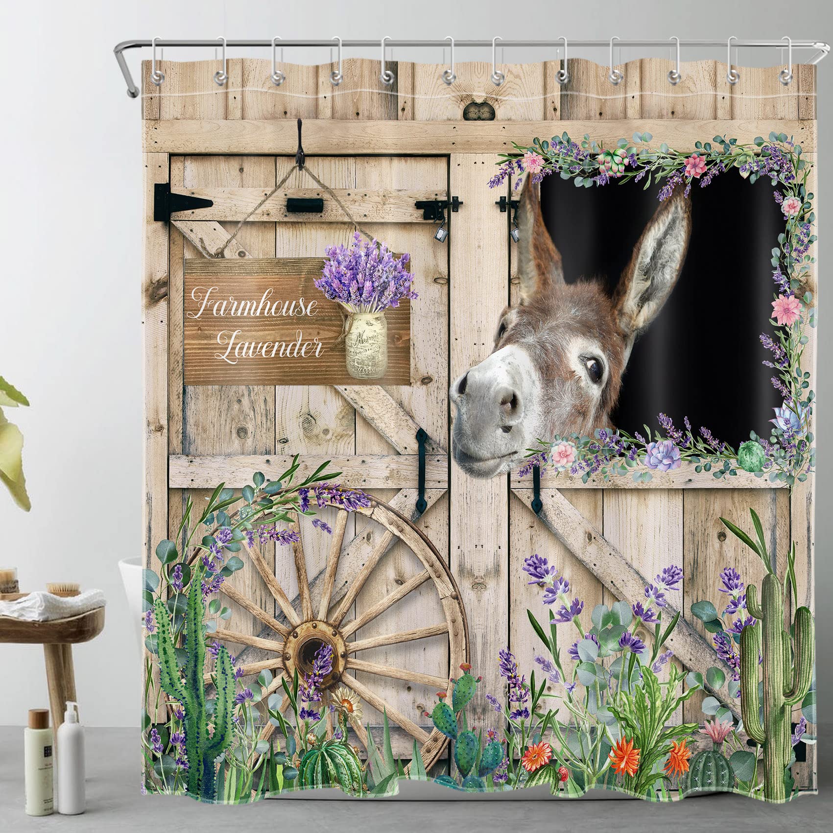 LB Farmhouse Donkey Shower Curtain Green Cactus Purple Floral Shower Curtains for Bathroom Rustic Barn Door Polyester Anti Mould Waterproof Extra Long Bath Curtain Set with Hooks,71x78 inches — image 1