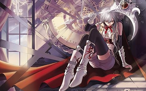 Athah Designs Anime Original Girl Red Eyes White Hair Scythe Thigh