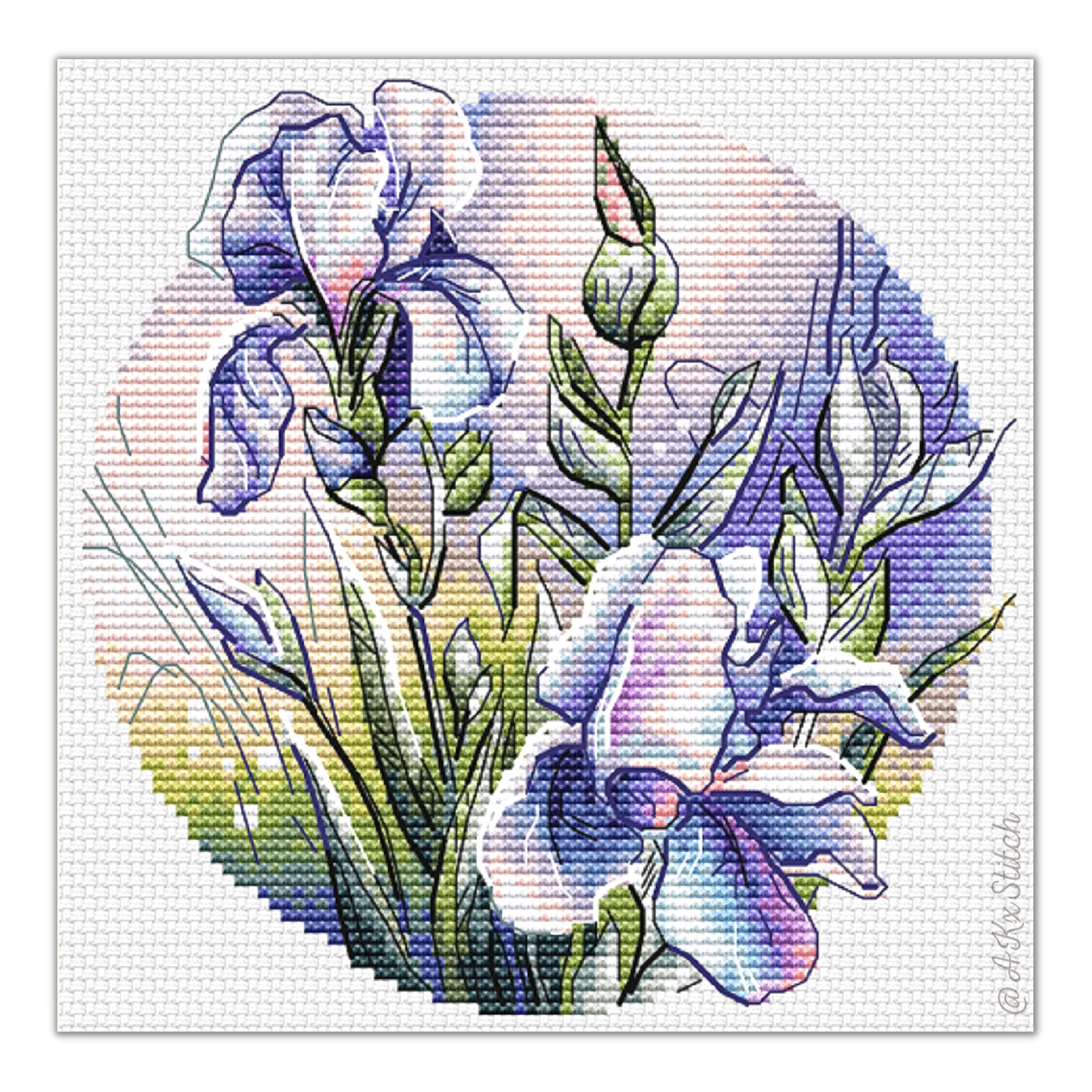Irises Flower Cross Stitch KIT PDF Chart, Purple Spring Floral Embroidery Pattern, Easy to Follow Chart with Stunning Result, DMC Thread Aida
