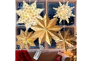 OUMUAMUA 5Pcs Christmas Paper Snowflake Lanterns, Large Christmas Paper Star Lanterns with LED Lights White Beige Khaki Hanging Snowflake Lamps for Xmas Winter Frozen Wedding Birthday Holiday Party Decorations