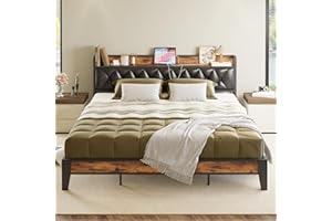 ANCTOR King Bed Frame, Storage Headboard with Outlets, Easy to Install, Sturdy and Stable, No Noise, No Box Springs Needed, Rustic Brown and Black