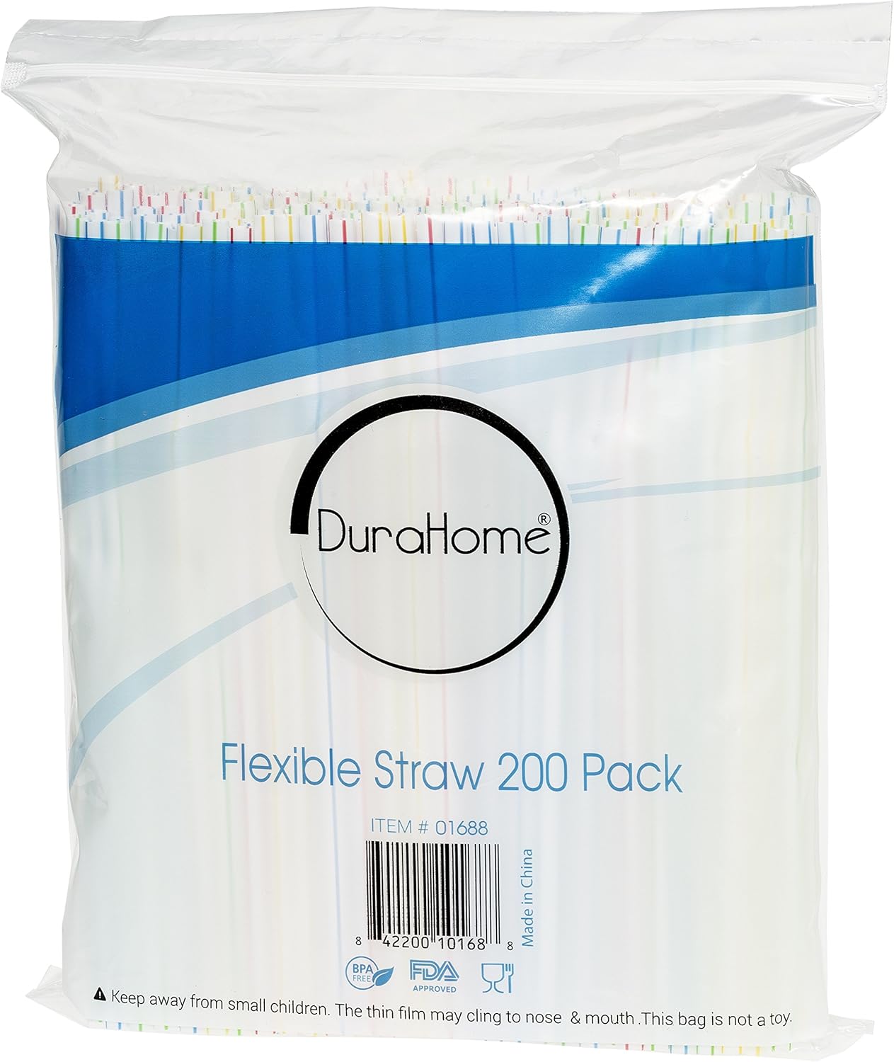 Flexible Plastic Straws 200 Pack - Striped Multi Colored BPA-Free Disposable Bendy Straw 8" Long, Assorted - by DuraHome (200 Pack): Health & Personal Care