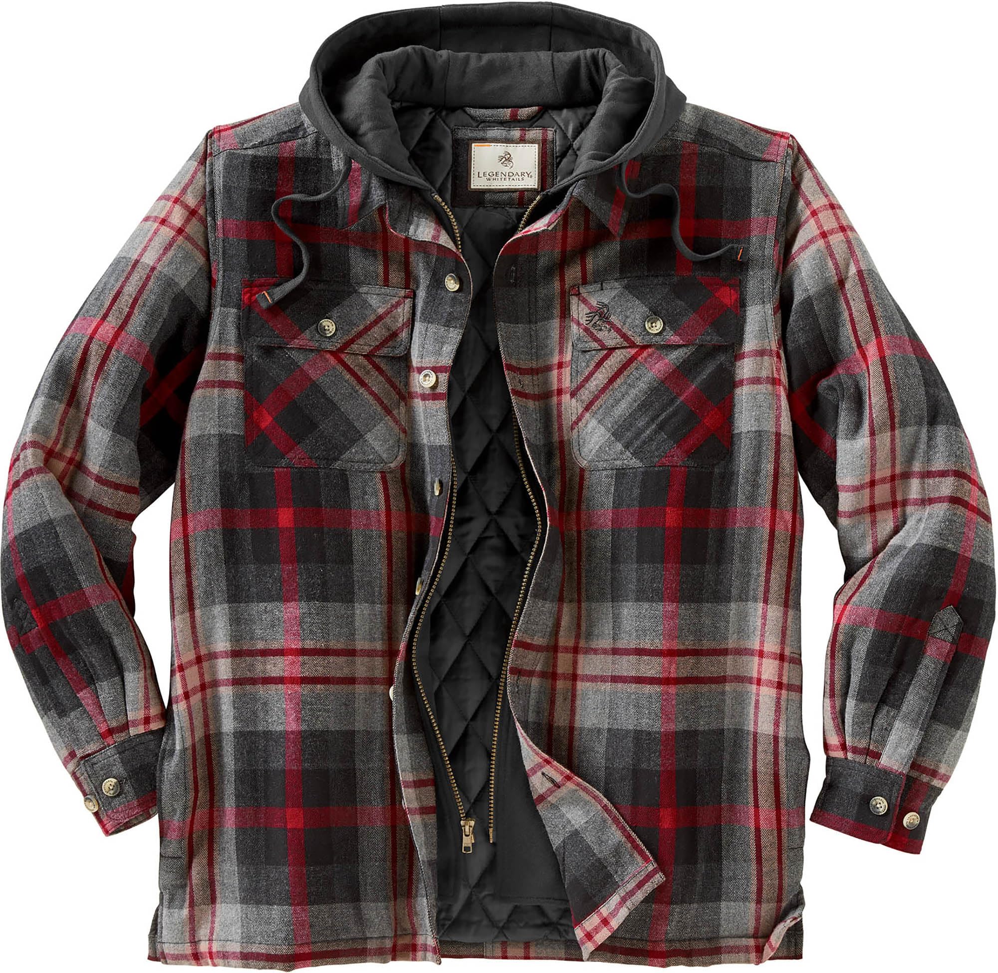 Legendary Whitetails Mens Plaid Flannel Shirt Jacket Quilted with Hood Polyfill Insulated Shacket, Locomotive Plaid, MED Image