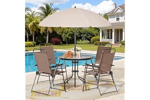 Shintenchi 6 Piece Patio Dining Set with Umbrella, Outdoor Furniture Set with 4 Folding Chairs and Tempered Glass Top Dining Table fot Lawn Backyard Garden Porch Brown and Beige