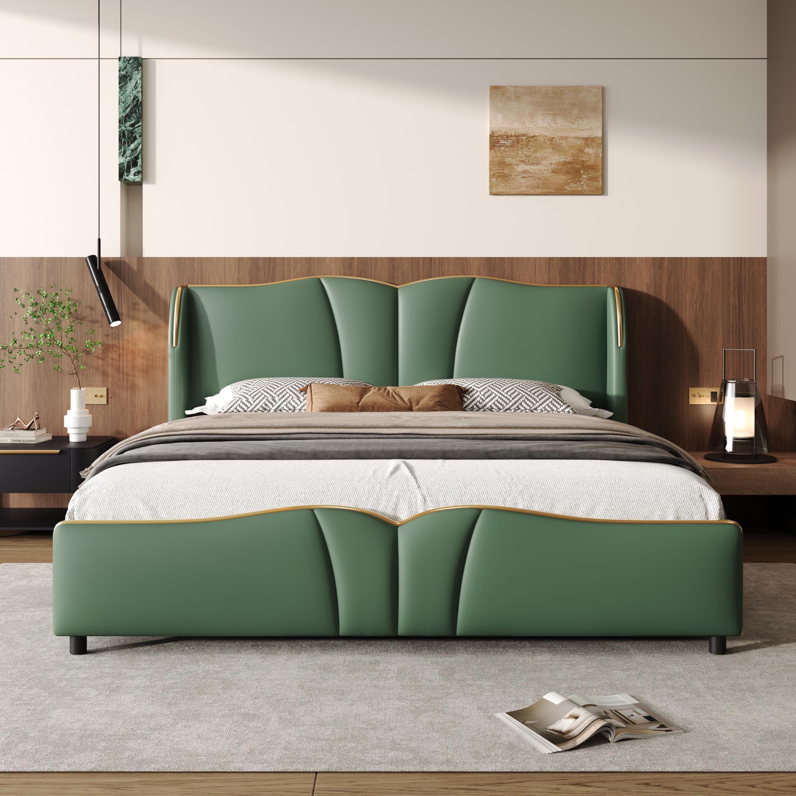 Photo 1 of **SELLING FOR PARTS AS PARTIAL SET. ONE BOX OF TWO**Christopher Knight Home Svanta King Size Upholstered Bed Frame, Modern Faux Leather Bed Frame with Wingback Headboard, Upholstered Platform Bed with Wavy Footboard, No Spring Box Needed, Dark Green