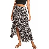 TEERFU Womens Boho Floral Print Long Skirt Dress Chic High Low Side Split Ruffle Hem Elastic Waist Swing Maxi Dresses