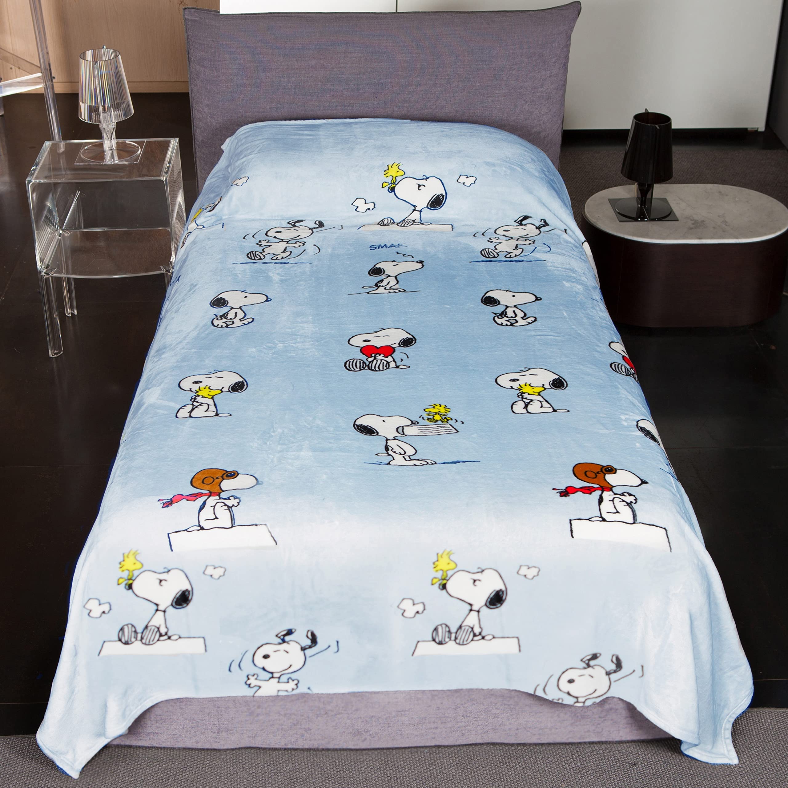 Kanguru Fluffi Fleece Snoopy Throw Blanket - Fluffy Soft Microfiber Blankets for Bed and Couch Single Size, Light Blue, 130x230cm (1298)
