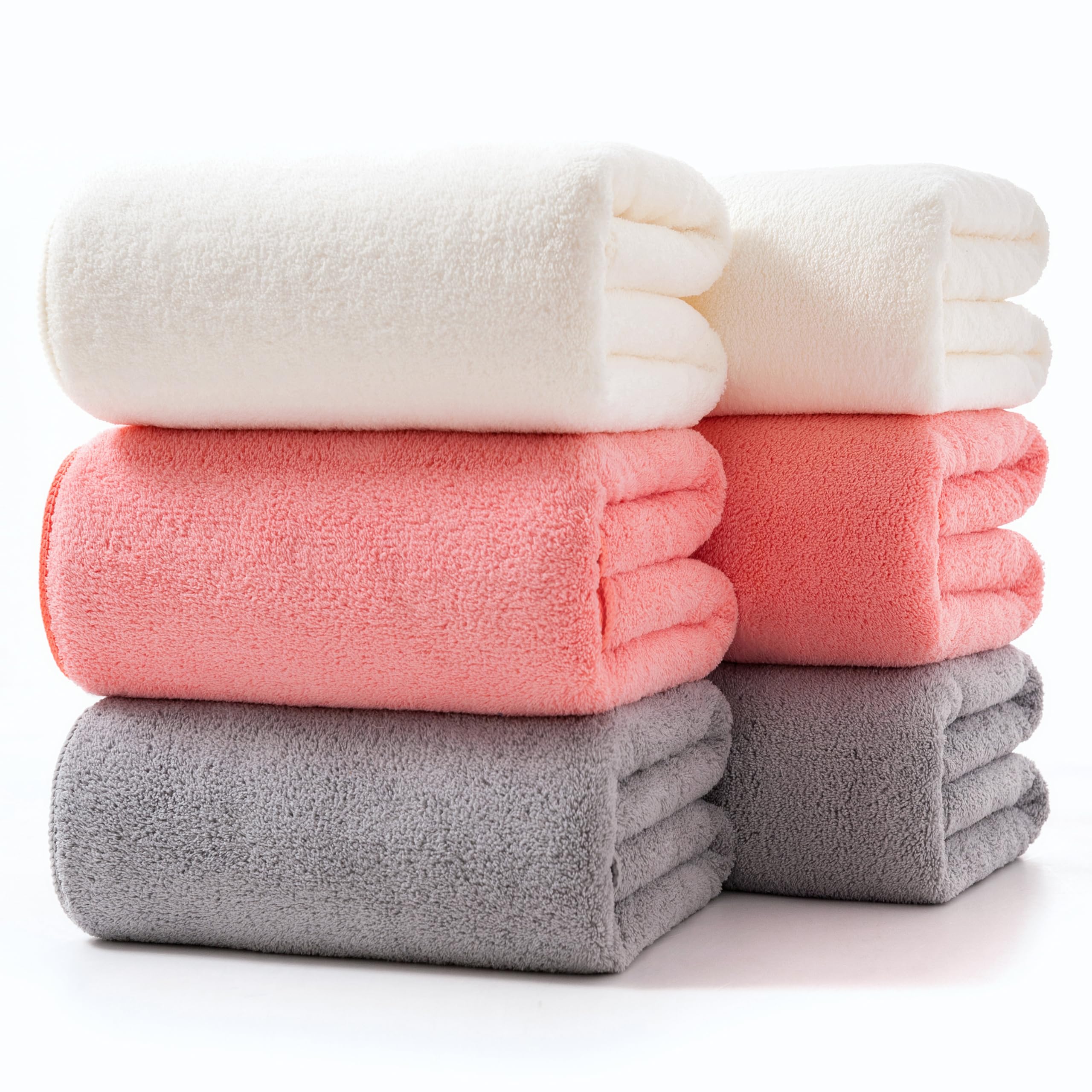 Lumimi Towels 6 Piece Multicolour Soft Microfiber Bath Towel Set Incredibly Absorbent Lightweight Quick Dry and Durable, 55" L x 27" W, 6 Pack Pink Red White Light Grey
