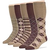 7BigStars Men's Diabetic Extra Wide Cotton Dress Business Mid Calf Socks - 5 PackBig Tall - Argyle, Stripe, Geometric - Sock Size 13-15 Shoe Size 12-15 XL Khaki, Brown
