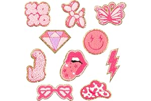 9TILIGHT 10Pcs Pink Preppy Iron on Patches for Girls Y2K Chenille Embroidered Repair Patch Hanging Lip Lightning Bolt Leopard Face DIY Accessories Sew on Applique for Backpack Clothes Hats Dress Jackets Jeans