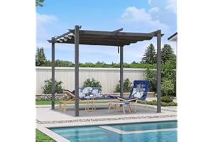 PURPLE LEAF Outdoor Retractable Pergola with Sun Shade Canopy 10' x 10' Patio Aluminum Pergola Shelter for Backyard Deck Garden Modern Metal Pergola, Gray