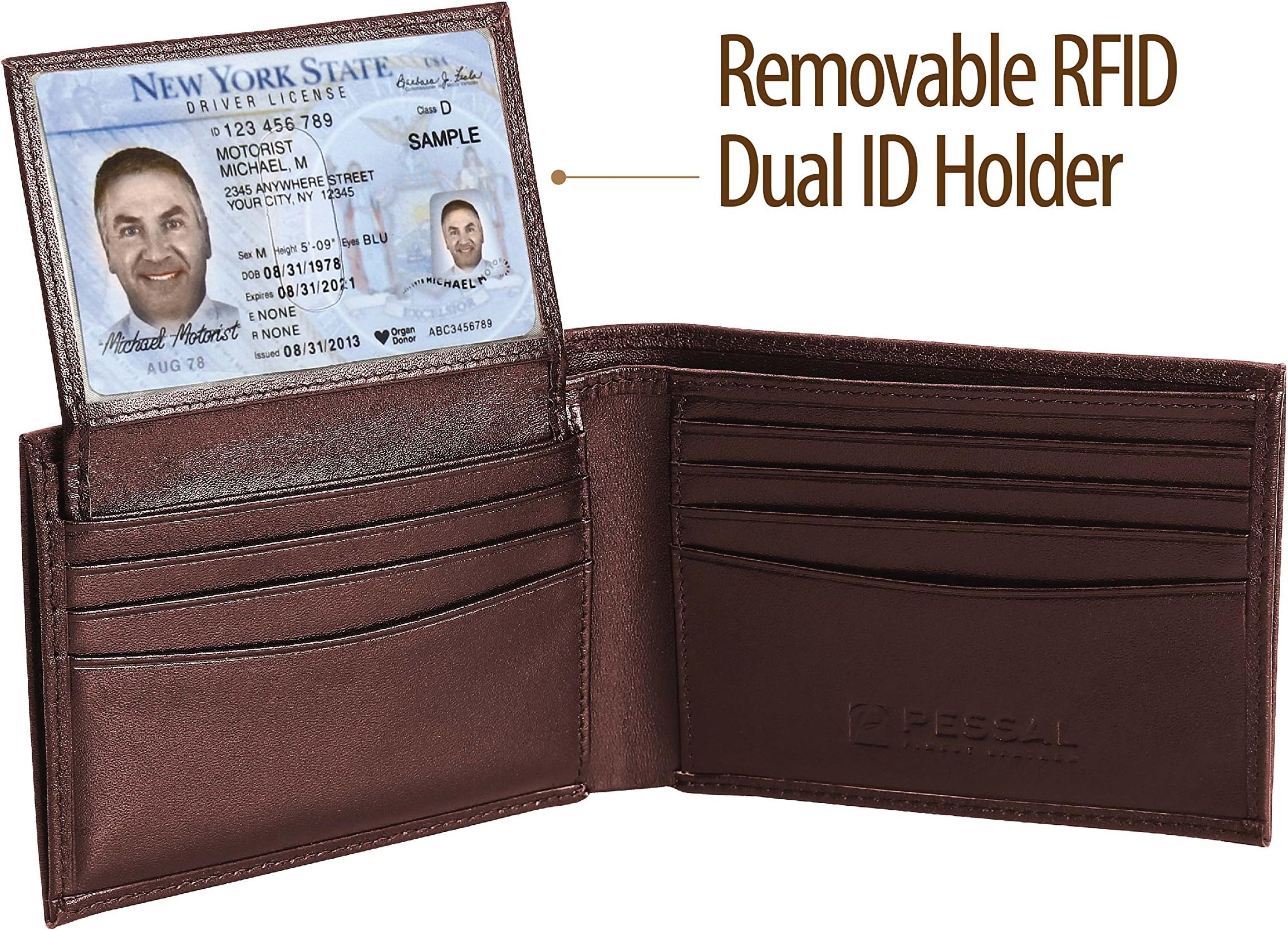 Men’s Leather Bifold Wallet - Anti Scan Identity Protection RFID Blocking Security - High Capacity - luxury & Lasting – Wallets For Men by Pessal / Brown