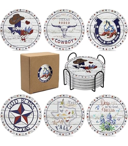 Hushee Set Di 8 Sottobicchieri Texas Souvenir Con Base In Sughero: Effetto Legno Rustico Per Decorazione Casa, Inaugurazione, Bar E Cucina