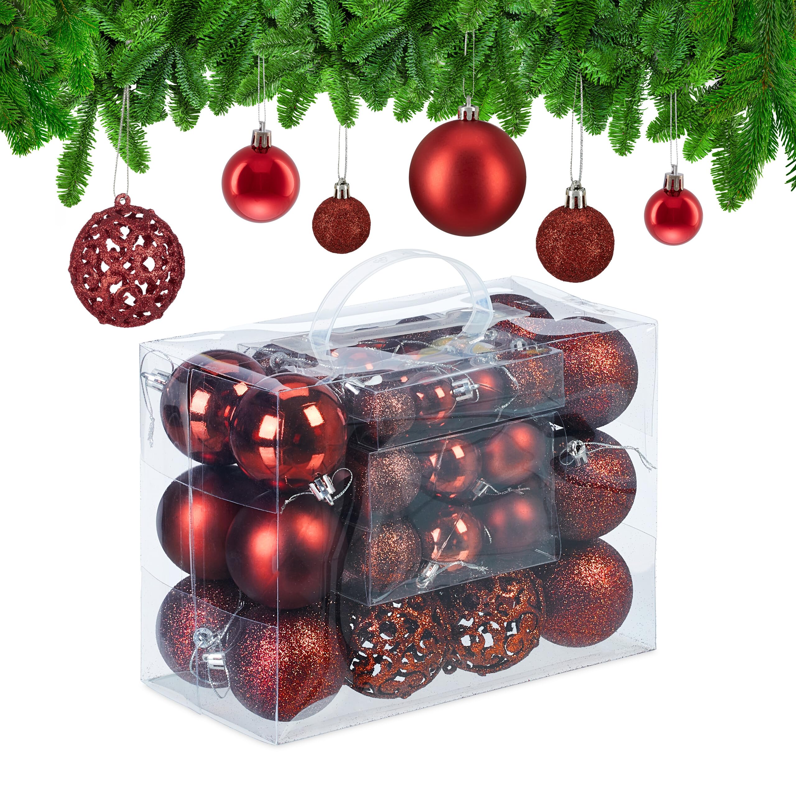 Relaxdays Christmas Bauble Set of 50, Glittery, Matt & Shiny Ornaments, Plastic Xmas Tree Balls, Ø: 3, 4 & 6 cm, Red