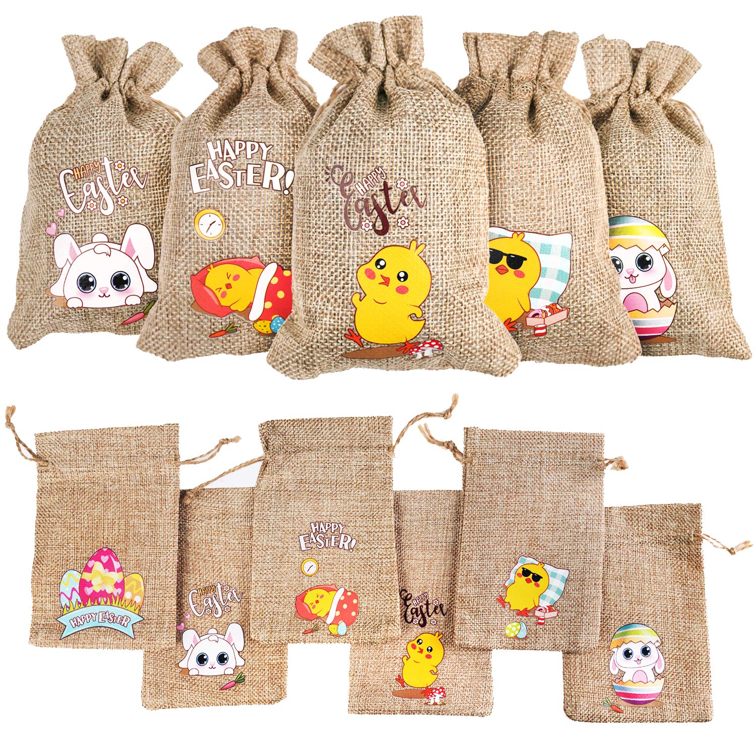 FINGOOO 12 pieces Easter Jute Burlap Bags Drawstring Gift Bag For Kids Easter Party Favour
