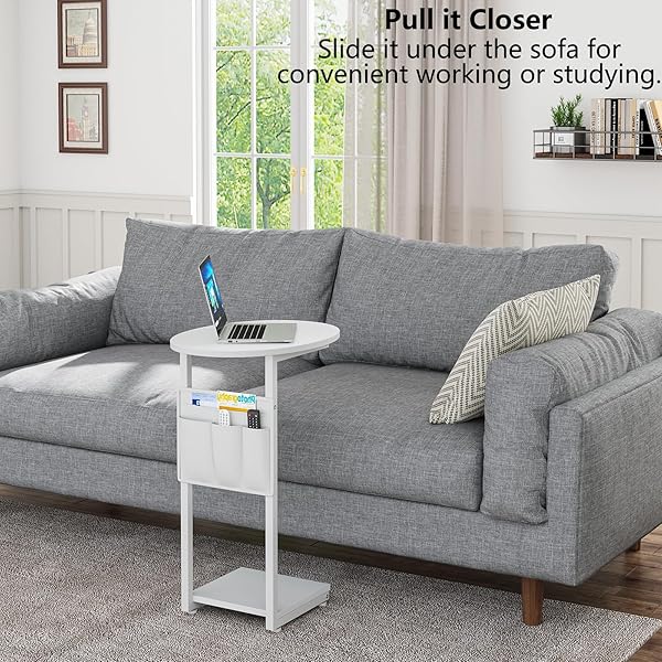 VAGUSICC C SHAPED END TABLE, SIDE TABLE FOR COUCH, SMALL COUCH SIDE TABLE FOR SMALL SPACES, SLIDE UNDER SOFA TRAY DESK WITH STORAGE BAG, ROUND SIDE TABLES FOR LIVING ROOM AND BEDROOM, WHITE