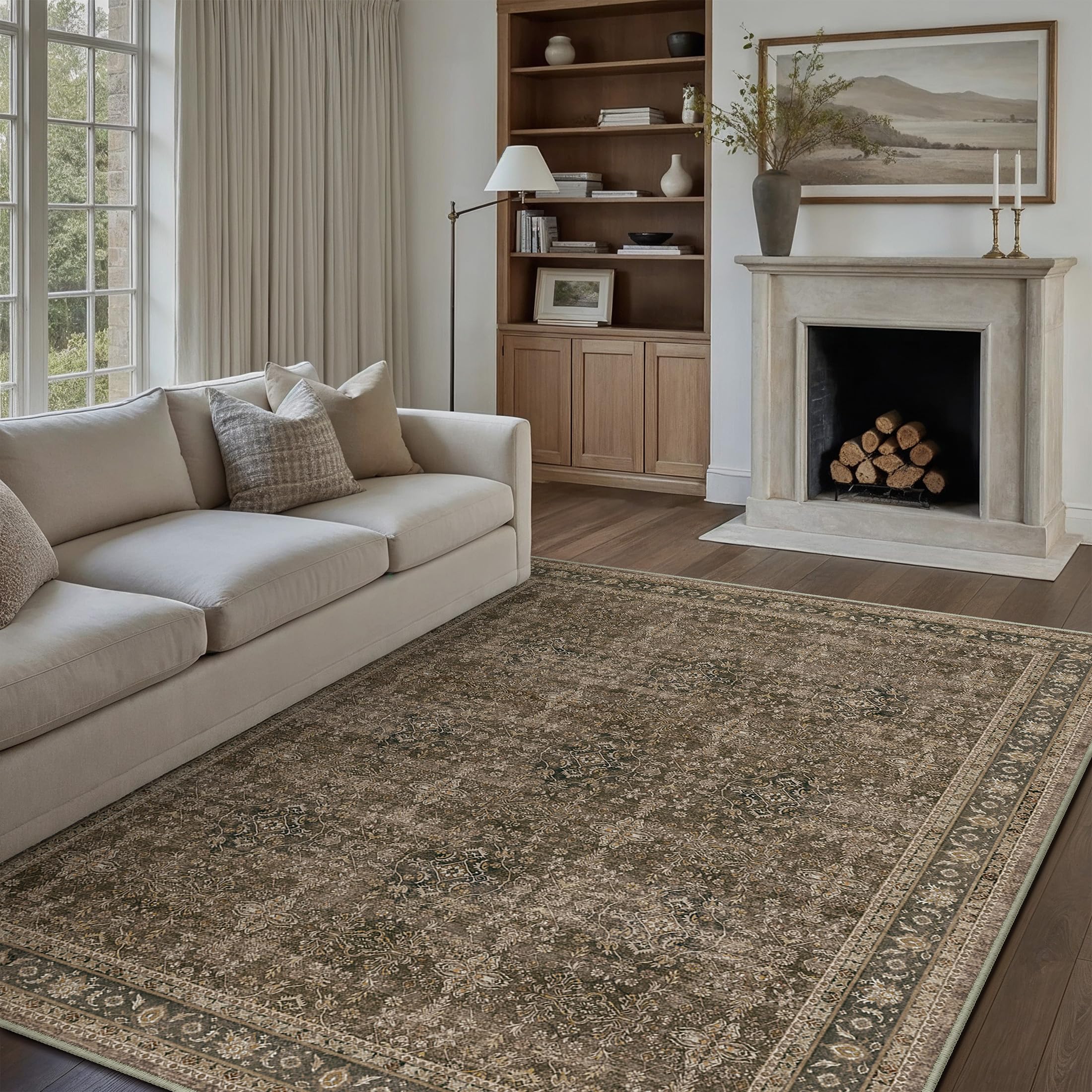 Photo 1 of ***ODOR / DOG HAIR *** PureCozy 9x12 Area Rug for Living Room Brown Vintage Washable Bedroom Carpet Traditional Distressed Soft Non Slip Indoor Large Accent Rug Retro Thin Low Pile Floor Cover for Dining Room Playroom