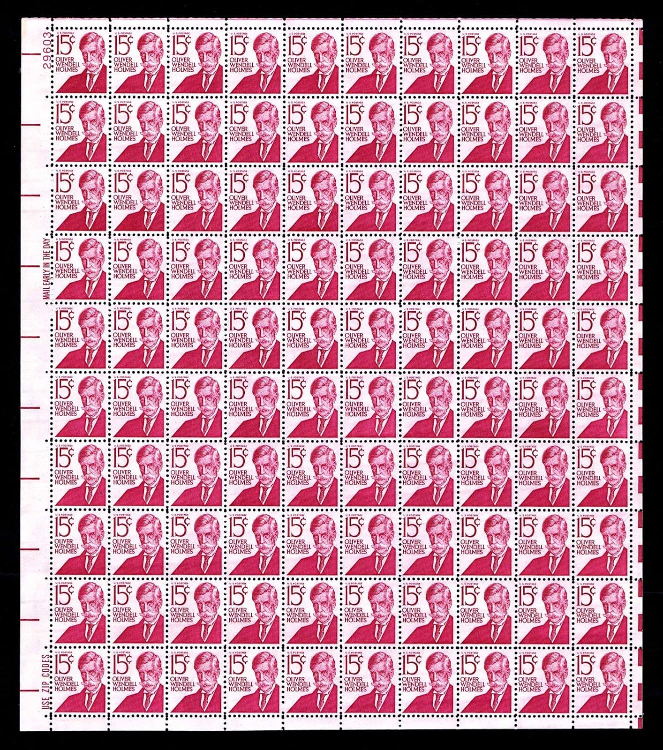 Oliver Wendell Holmes Complete Sheet of 100 15 Cent Stamps Scott 1288