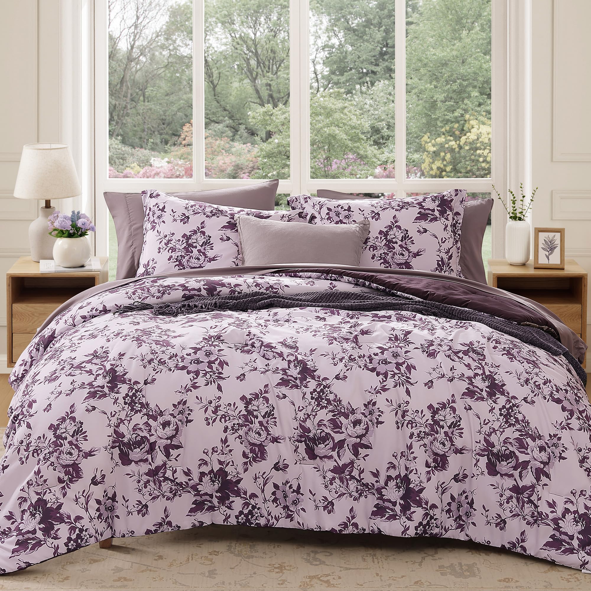BLOOMHAVEN King Comforter Set -7 PiecesDeep Purple Floral Comforter Set for All Seasons, Bed in a Bag King with Botanical Flowers Comforter, Sheets, Pillowcases & Shams