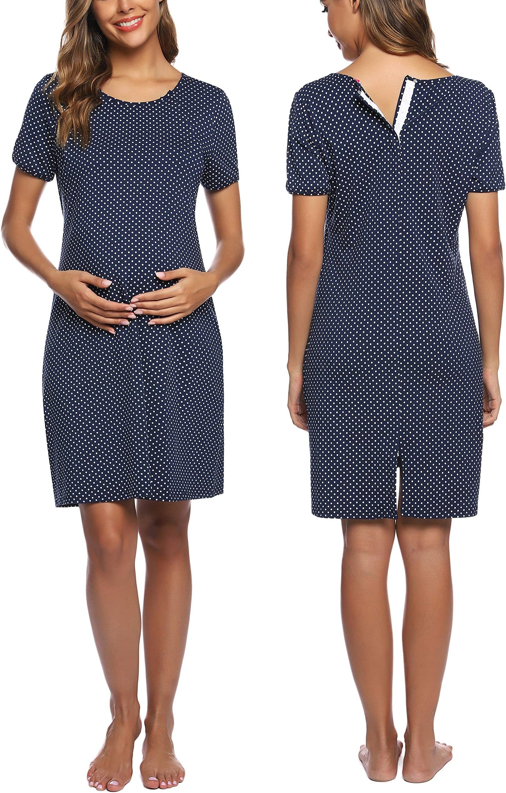 Maacie Women Short Sleeve Nightgown Striped/Polka Dot Nursing Sleep Dress